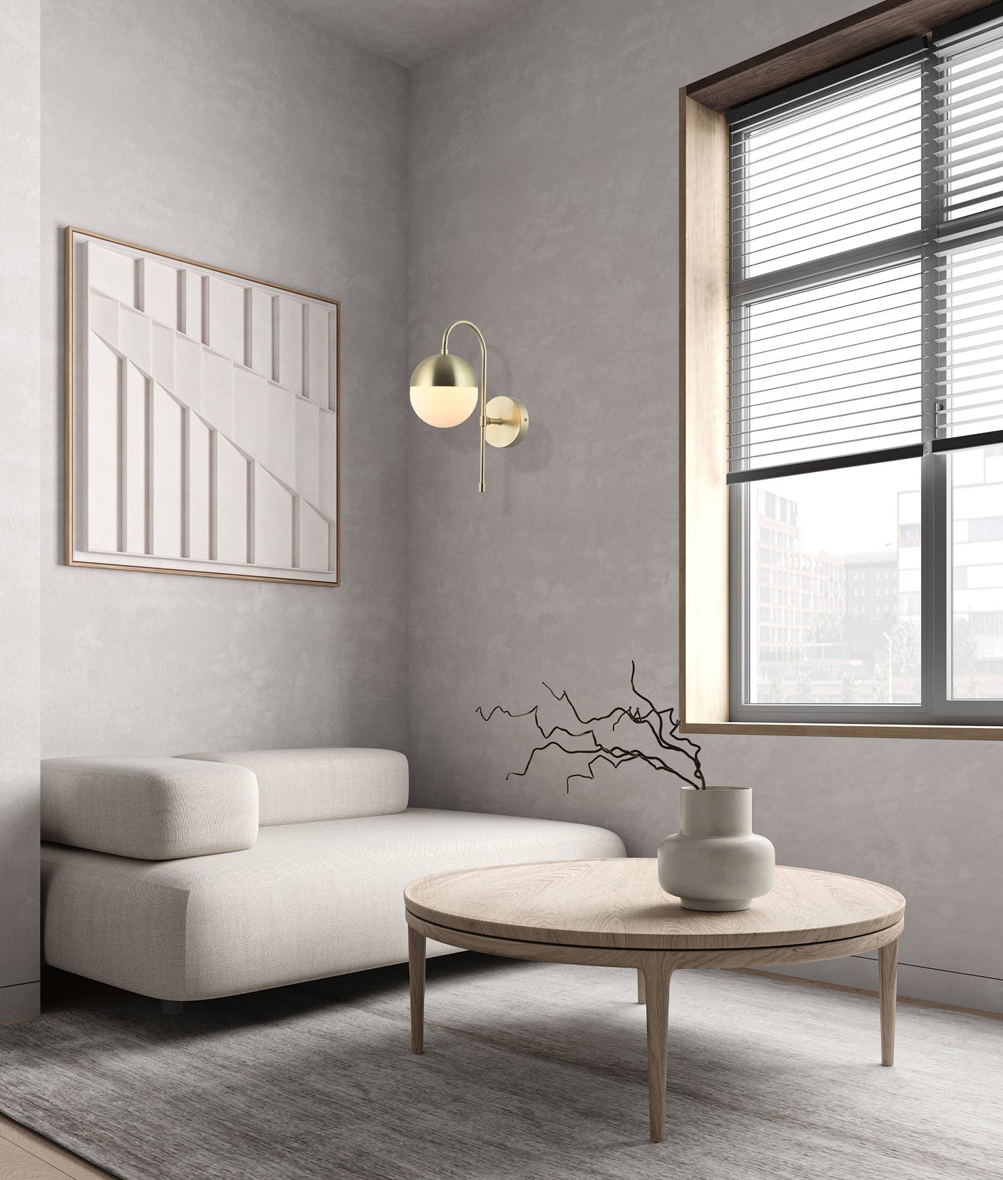 ARO: Interior Round Opal Glass with Satin Gold Bracket Wall Light