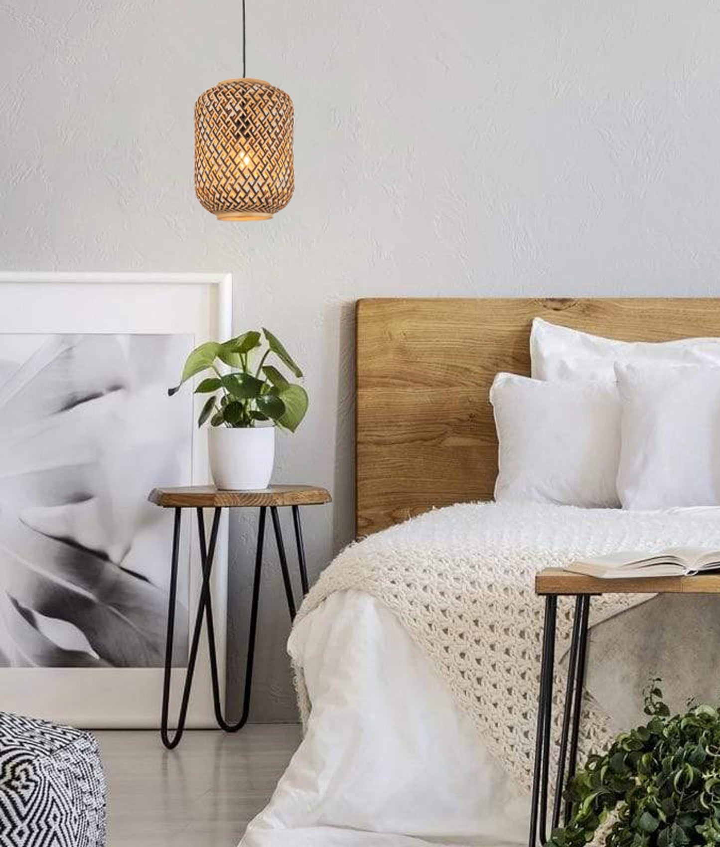 CESTA: Bohemian Interior Cylinder Brown/Natural Bamboo Cage Pendant Light