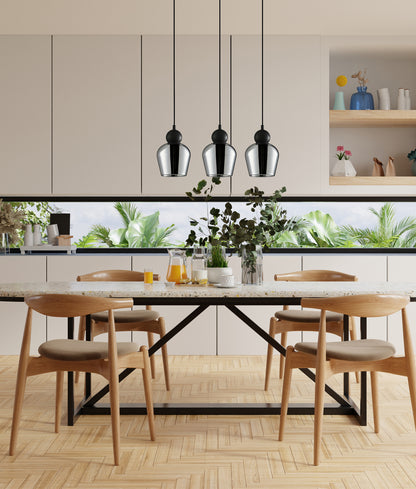 CHAMPAN: Interior Bronze Amber / Mirror Finish Smokey Black Glass Ellipse Multiple Bar Base Pendant Lights