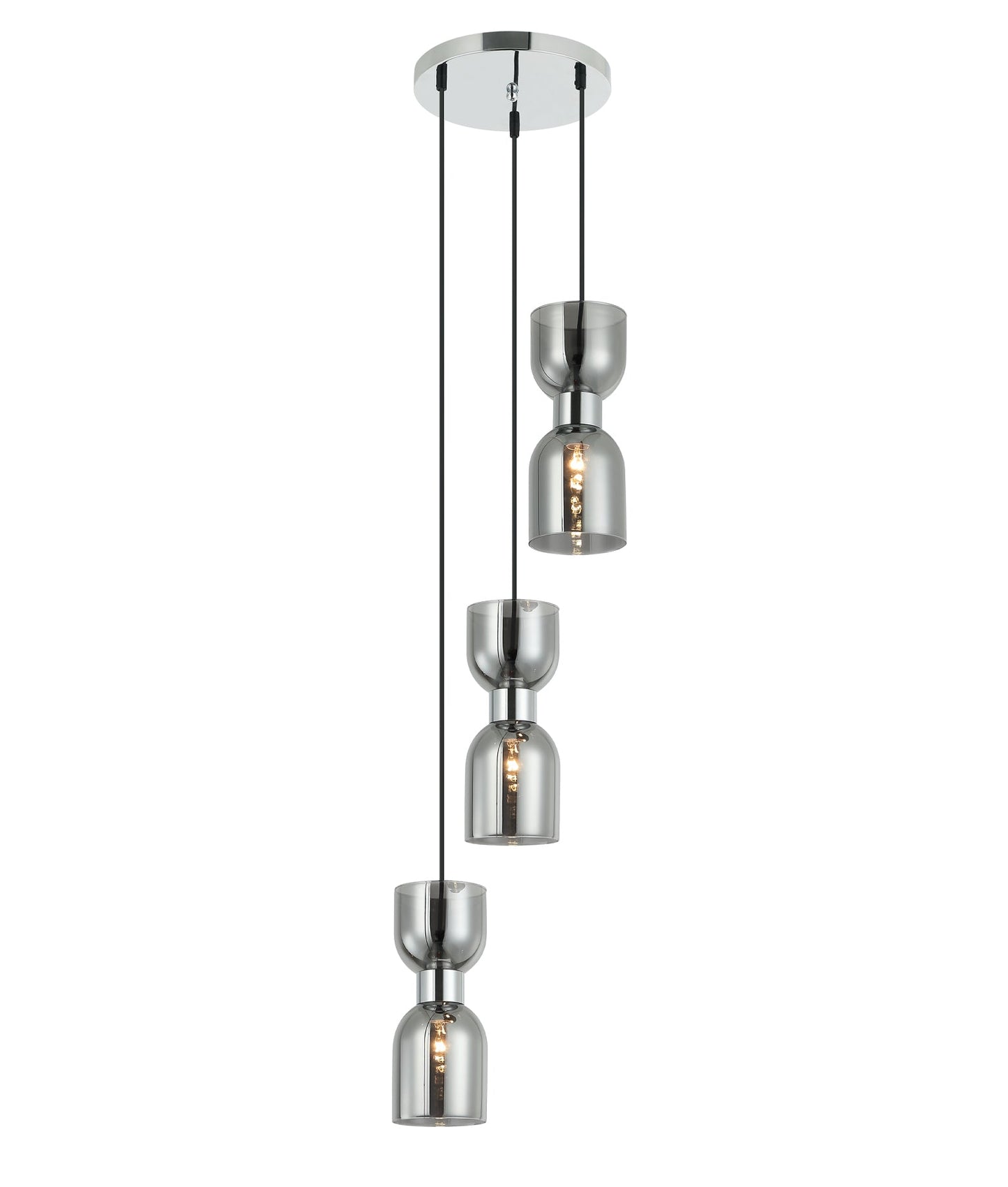 CLESSIDRA:  Interior Mirror Finish Smokey Black / Opal Glass Ellipse Multiple Round Base Pendant Lights