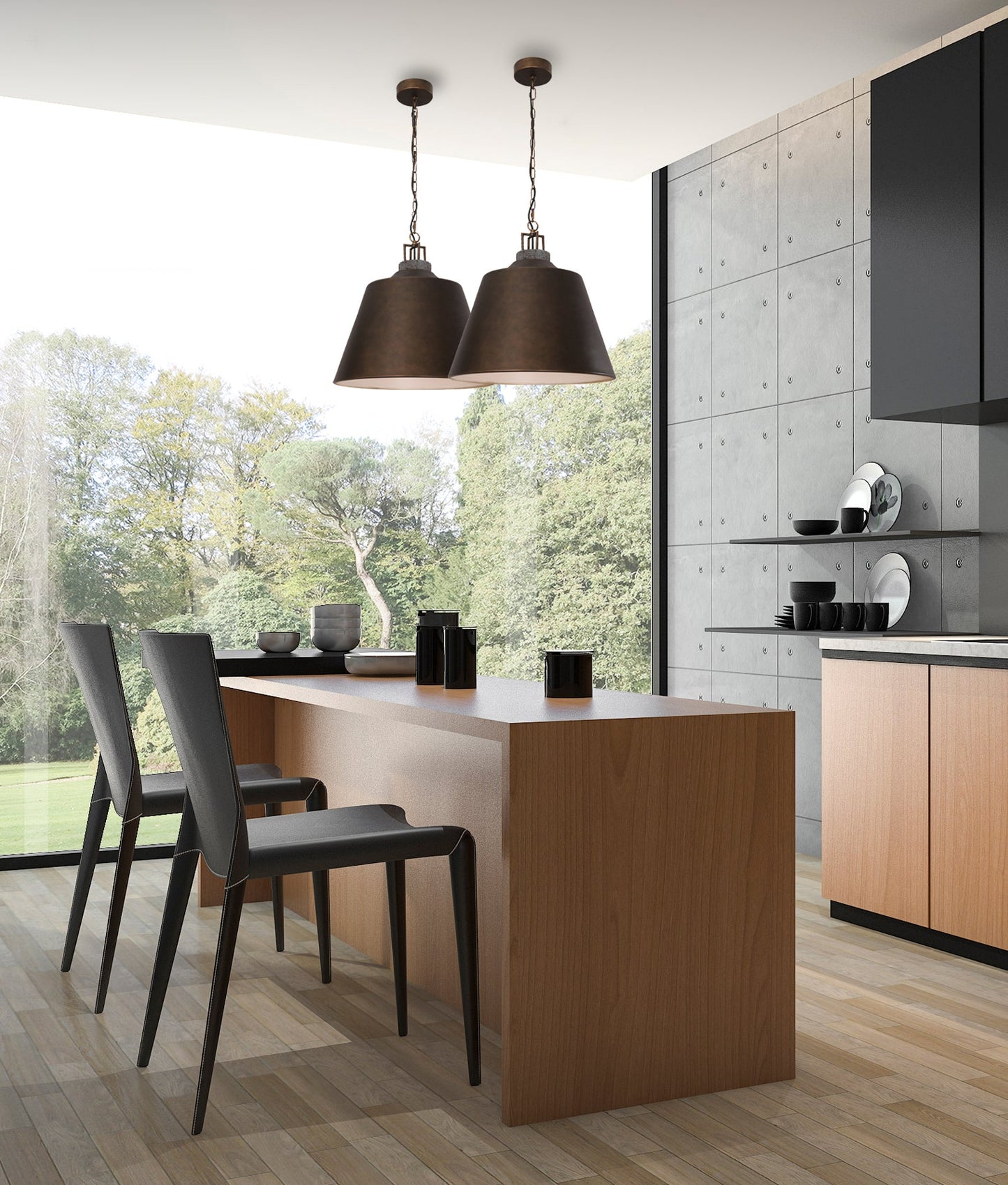 CLOCHE: Interior Metal Shade with Travertine Highlight Bell Shape Pendant Lights