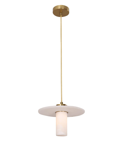 LUCERNA: Interior Cylinder Round Hat Alabaster Shade Brass Highlight Pendant Light