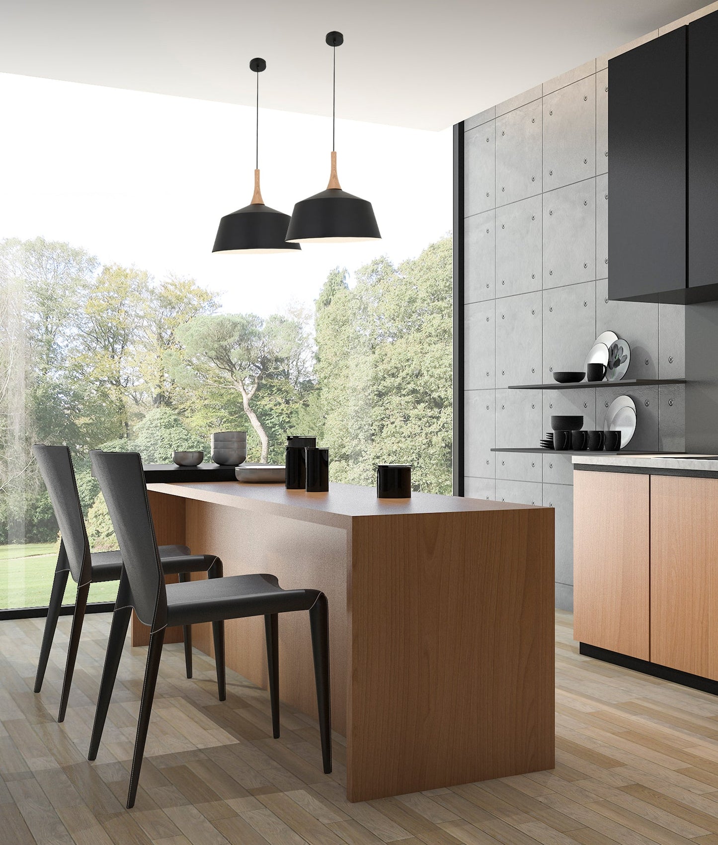 NORDIC: Modern Scandinavian Medium Dome Shape Steel & Wood Pendant Lights