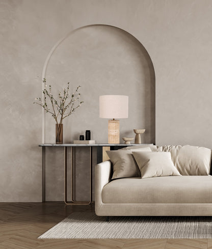 SAGITTA: Beige Travertine Base Oblong Fabric Cream Shade Table Lamps