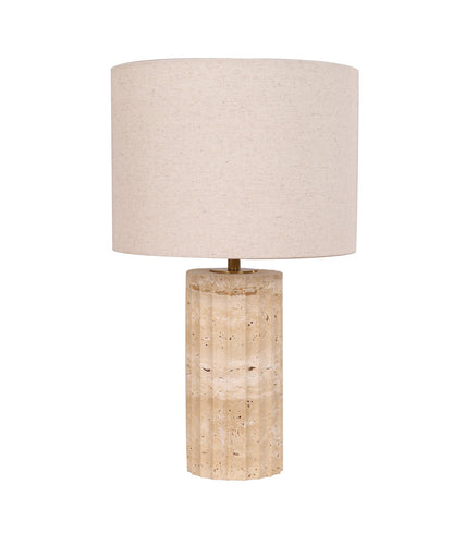 SAGITTA: Beige Travertine Base Oblong Fabric Cream Shade Table Lamps