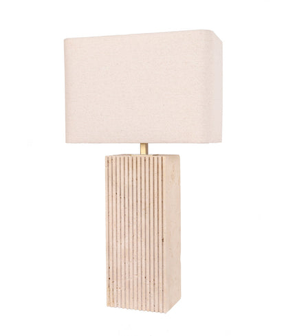SAGITTA: Beige Travertine Base Rectangular Fabric Cream Shade Table Lamps