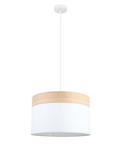 TAMBURA: Scandinavian Large Drum Cloth Shade with Wood Veneer Trim Pendant Lights